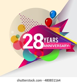 28 Years Anniversary logo with balloon and colorful geometric background, vector design template elements for your birthday celebration.