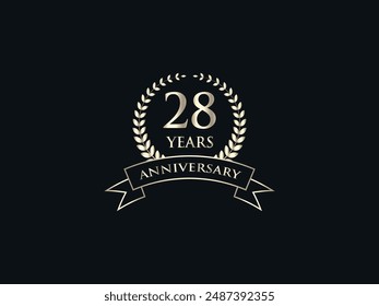 28 Years Anniversary Logo. Celebrating Success. Symbol of Eternal Achievement. Proud Heritage. Logo with Laurel Wreath and Ribbon. Years of Glorious Memories. Jubilee of Joy. Golden Celebratory Crest.
