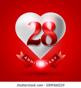 28 Years Anniversary Logo Celebration With Love And Ribbon. Valentine’s Day Anniversary.