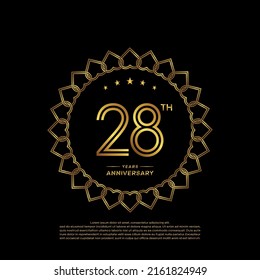 28 years anniversary logo with golden color and laurel, isolated on black background for booklet, leaflet, magazine, brochure poster, banner, web, invitation or greeting card. Vector illustrations.