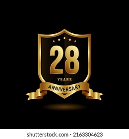 28 years anniversary logo with golden shield and ribbon for booklet, leaflet, magazine, brochure poster, banner, web, invitation or greeting card. Vector illustrations.