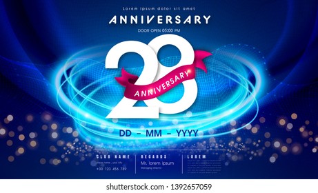 28 years anniversary logo template on dark blue Abstract futuristic space background. 28th modern technology design celebrating numbers with Hi-tech network digital technology concept design elements.