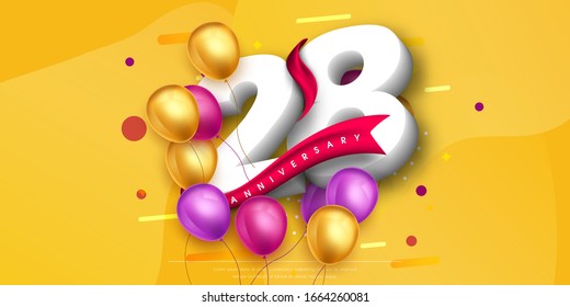 28 years anniversary logo template design on yellow background and balloons. 28th anniversary celebration background with red ribbon and balloons. Party poster, brochure template. Vector illustration.