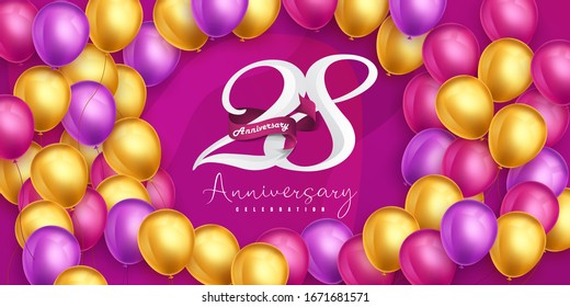 28 years anniversary logo template design on pink background and balloons. 28th anniversary celebration background with pink ribbon and balloons. Party poster or brochure template. Vector illustration