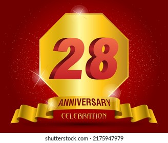  28 years anniversary logo template. Red numbers with golden ribbon.