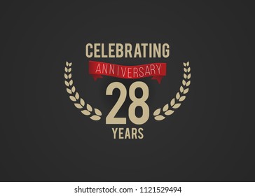 28 Years Anniversary logotype with golden colored font numbers, with ribbon and laurel, isolated on black background for company celebration event, birthday