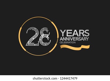 28 years anniversary logotype style with silver and gold color, ring and ribbon