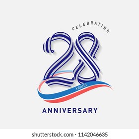 28 years Anniversary ribbon shape numbers with swoosh. Celebrating 28  years anniversary event party template.