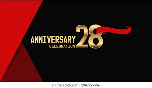 28 years Anniversary simple design with golden font and red ribbon, black and red background. elegant and simple design