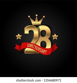 28 years Anniversary simple design with golden font, star and crown and red ribbon. Red ribbon and golden text on top golden number. My all design can see in my portofolio