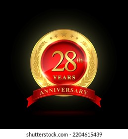 28 Years Anniversary template design, with shiny ring and red ribbon, laurel wreath isolated on black background, logo vector