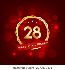 28 years anniversary. Anniversary template design with gold number and red ribbon, design for event, invitation card, greeting card, banner, poster, flyer, book cover and print. Vector Eps10