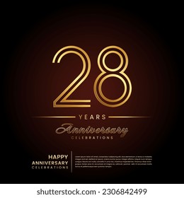 28 years anniversary, anniversary template design with double line number and golden text for birthday celebration event, invitation, banner poster, flyer, and greeting card, vector template