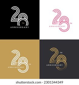 28 years anniversary vector number icon, birthday logo label, black, white and colors stripe number