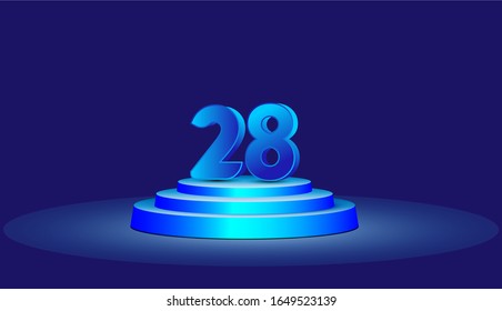 28 Years Anniversary Vector Template Design Illustration. Blue 3d Numbers with podium stage for celebration