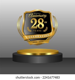 28 years gold anniversary celebration logo with 3d golden cylinder podium , isolated on grey background