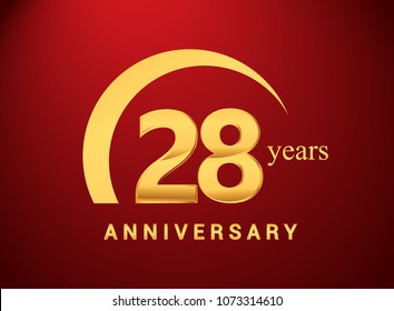 28 years golden anniversary logo with golden ring isolated on red background, can be use for birthday and anniversary celebration.