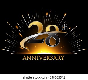 28 years golden anniversary logo celebration with firework and swoosh on dark background