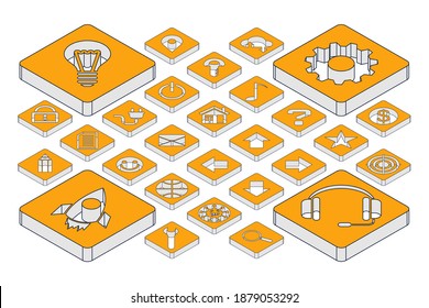 28 Yellow Isometric 3D Universal Vector Icons Set For Web: Bulb, Connection, Technical Support, Geo Location, Home, Virus, Cloud Service, Repair, Key, Lock, Mail And Etc. Vector Illustration. Editable