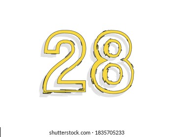 28 yellow number, hand drawn brush stroke. Comic style, calligraphic design. For design element, logo, creative poster etc. Vector illustration 