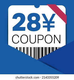 28 Yen Coupon promotion sale for a website, internet ads, social media gift 28 Yuan off discount voucher. Big sale and super sale coupon discount. Price Tag Mega Coupon discount vector illustration.