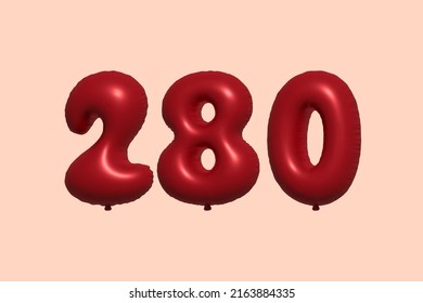 280 3d number balloon made of realistic metallic air balloon 3d rendering. 3D Red helium balloons for sale decoration Party Birthday, Celebrate anniversary, Wedding Holiday. Vector illustration
