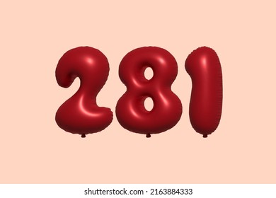 281 3d number balloon made of realistic metallic air balloon 3d rendering. 3D Red helium balloons for sale decoration Party Birthday, Celebrate anniversary, Wedding Holiday. Vector illustration