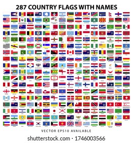 287 world country flags with names flat icon collection with vector file.