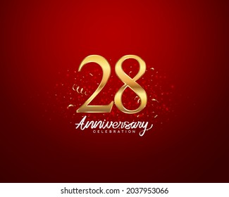 28th anniversary background with 3D number illustration golden numbers and Anniversary Celebration text with golden confetti on red background.