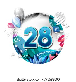 28th anniversary background with balloon and confetti on white. 3D paper style illustration. Poster or brochure template. Vector illustration.