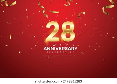 28th Anniversary celebration, 28 Anniversary celebration On Red background for celebration event, festive illustration, Golden number 28 sparkling confetti, 28,29
