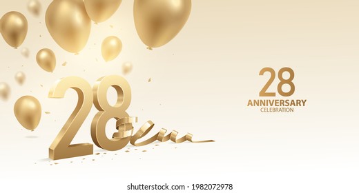 28th Anniversary celebration background. 3D Golden numbers with bent ribbon, confetti and balloons.