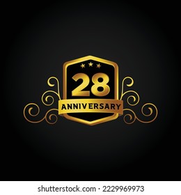 28th anniversary celebration background. Vector illustration, Beautiful greeting banner poster and golden logo with gold text word and gold number.