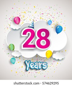 28th Anniversary Celebration Design, with clouds and balloons, confetti. Vector template elements for your, twenty eight years birthday celebration party.