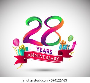 28th Anniversary Celebration Design, with gift box and balloons, Red ribbon, Colorful Vector template elements for your, twenty eight years birthday celebration party.