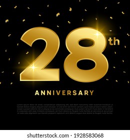 28th anniversary celebration with gold glitter color and black background. Vector design for celebrations, invitation cards and greeting cards.