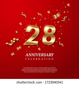 28th Anniversary celebration. Golden number 28 with sparkling confetti, stars, glitters and streamer ribbons on red background. Vector festive illustration. Birthday or wedding party event decoration