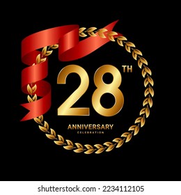 28th Anniversary Celebration. Anniversary Logo Design with Laurel Wreath and Red Ribbon for Celebration Event, Wedding, Invitation, Greeting Card. Logo Vector Illustration