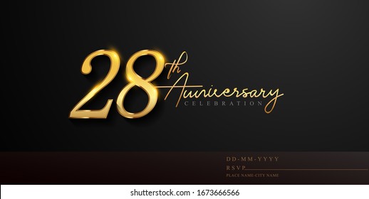 28th anniversary celebration logotype with handwriting golden color elegant design isolated on black background. vector anniversary for celebration, invitation card, and greeting card.