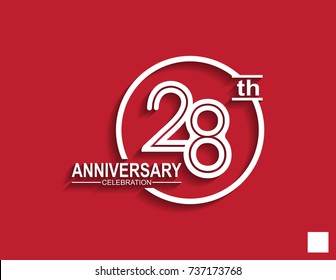 28th anniversary celebration logotype with linked number in circle isolated on red background