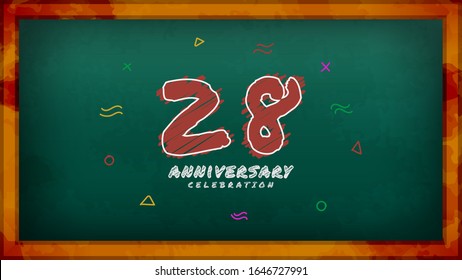 28th Anniversary celebration. Messy Chalk number with frame and geometric decoration on green chalkboard background. Old school style design vector EPS 10. Can be used for company or wedding.