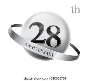 28th anniversary celebration with silver ring on white isolated background