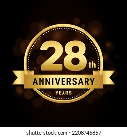 28th anniversary, anniversary celebration template design with gold ribbon. Logo vector illustration