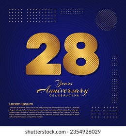 28th anniversary celebration template design with a golden pattern number style isolated on a blue background, vector template