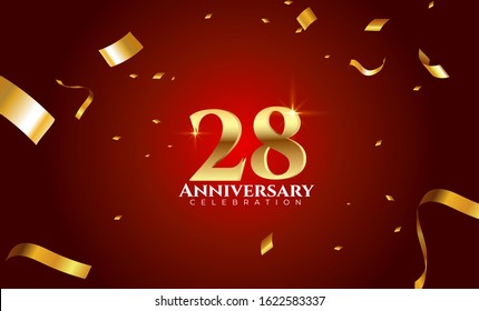 28th Anniversary celebration Vector background by using two colors in the design between gold and red, Golden number 28 with sparkling confetti Realistic 3d sign. Birthday or wedding party