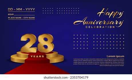 28th anniversary celebration vector template with 3D numbers style and golden stage, Vector template