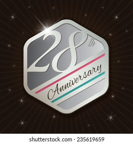 28th Anniversary - Classy and Modern silver emblem / Seal / Badge - vector illustration on  rays and stars background 