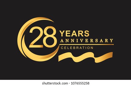 28th anniversary design logotype golden color with ring and gold ribbon for anniversary celebration