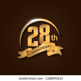 28th Anniversary design logotype. Anniversary logo design with swoosh and elegance golden ribbon. Vector template for use celebration, invitation card, and greeting card