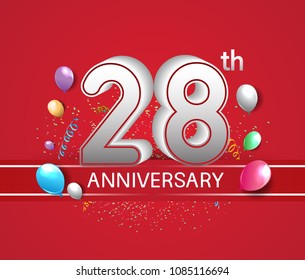 28th anniversary design red background with balloons and confetti for company celebration event 